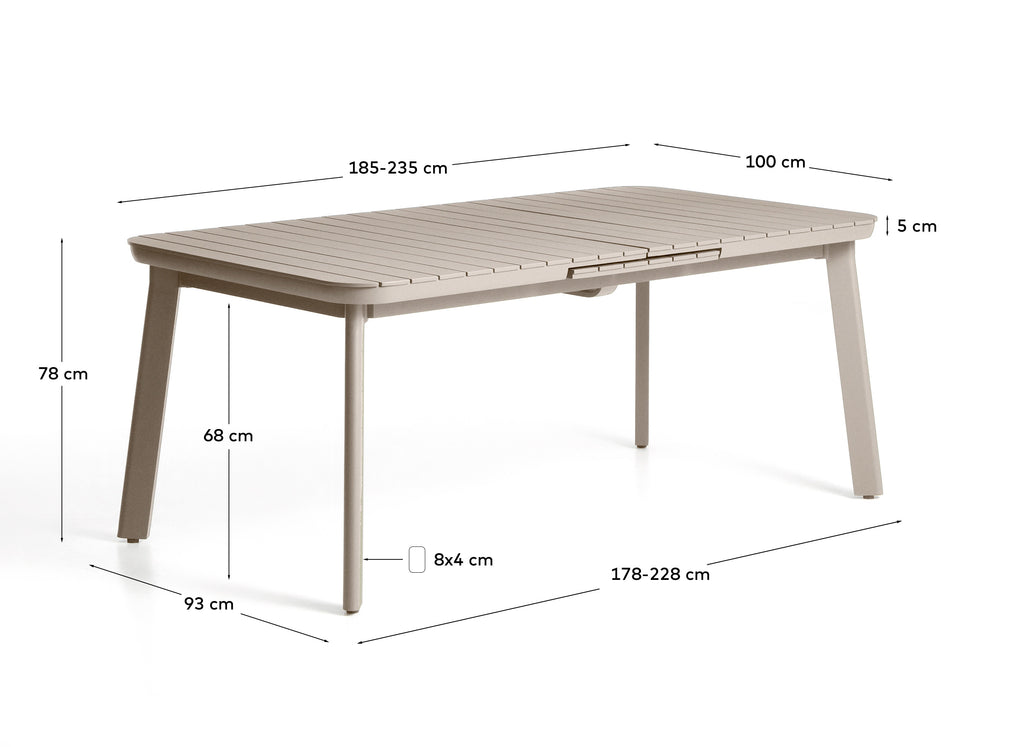 Izola extendable outdoor table in aluminium with taupe finish 185 (235) x 100 cm