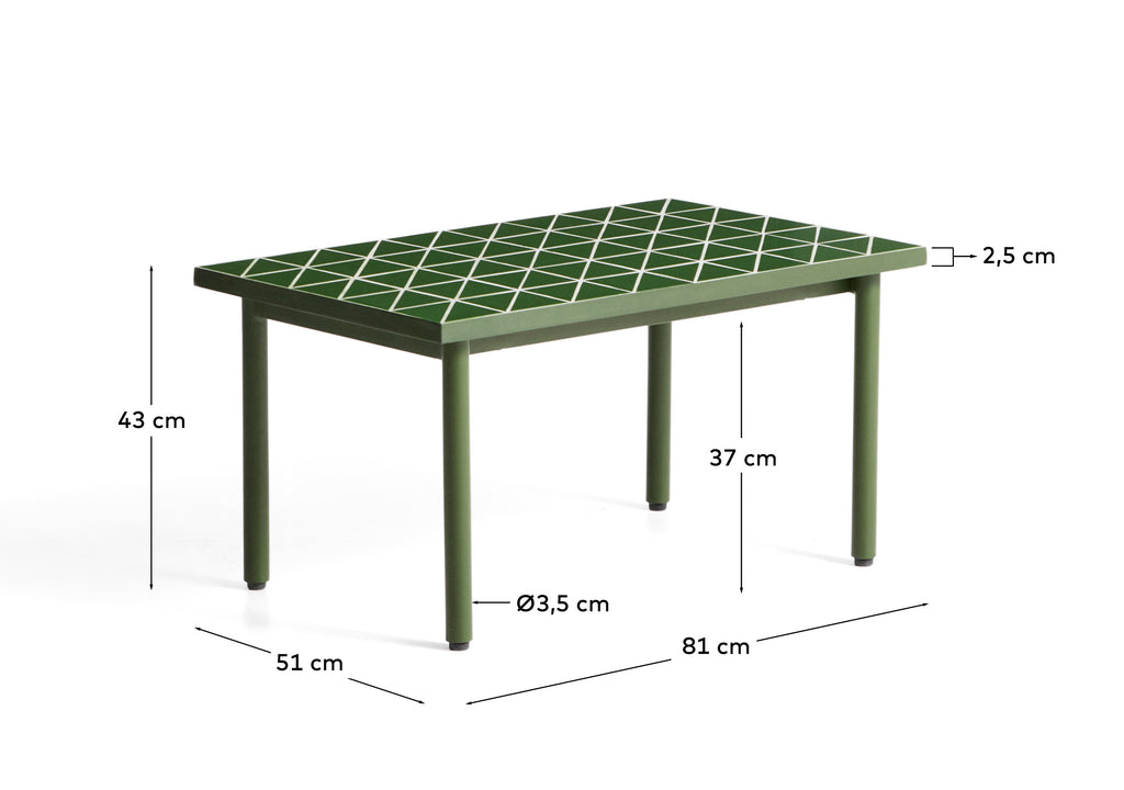 Maurina side table in green galvanised steel with ecru tiles 81 x 51 cm