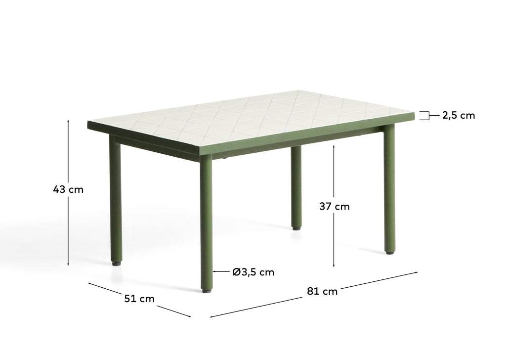 Maurina side table in green galvanised steel with ecru tiles 81 x 51 cm