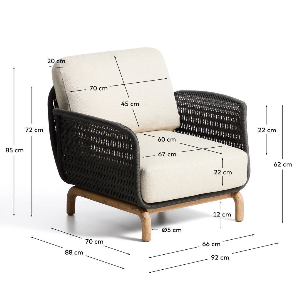 Alipa armchair in FSC 100% solid acacia wood and dark grey rope cord