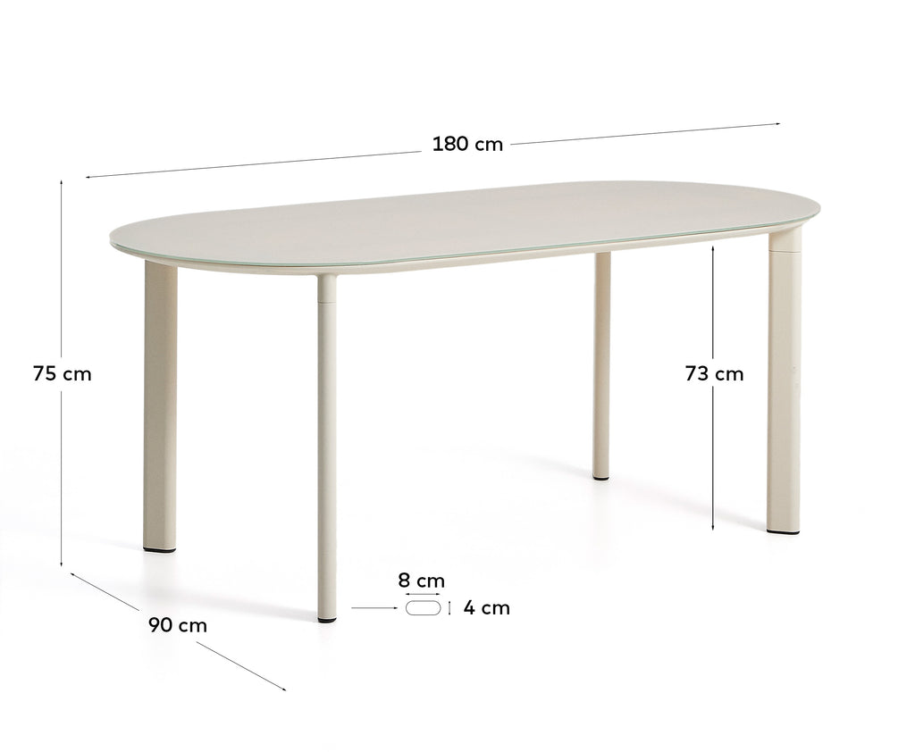 Erice oval table in aluminium and ecru tempered glass 180 x 90 cm