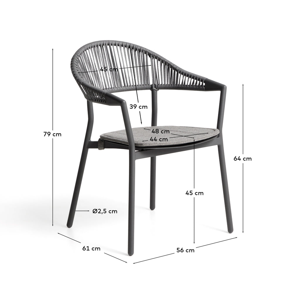 Alimia stackable outdoor chair in graphite aluminium with grey synthetic rope