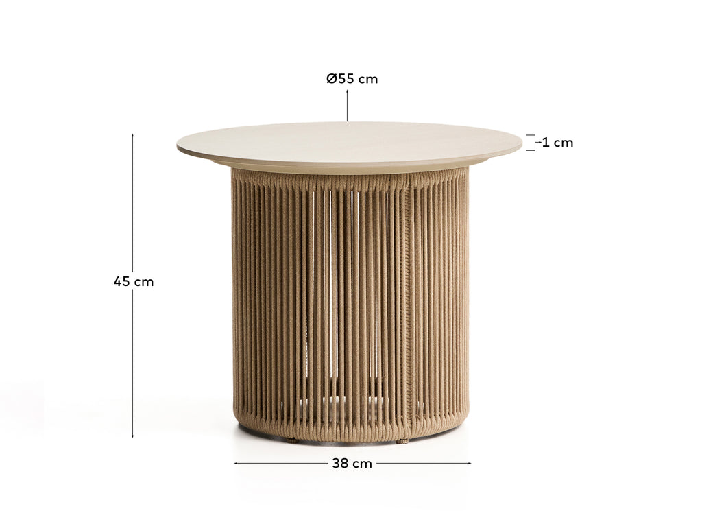 Orosei outdoor side table in sintered stone, aluminium and ecru rope Ø 55 cm
