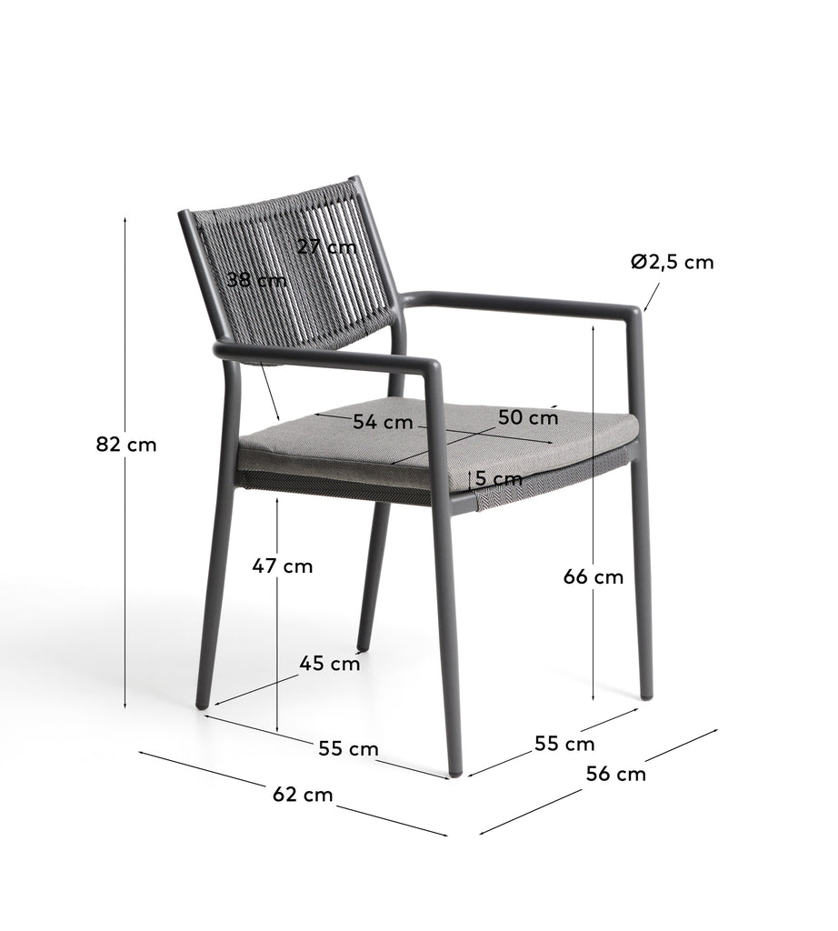 Argasi stackable outdoor chair in graphite aluminium and dark grey synthetic rope cord