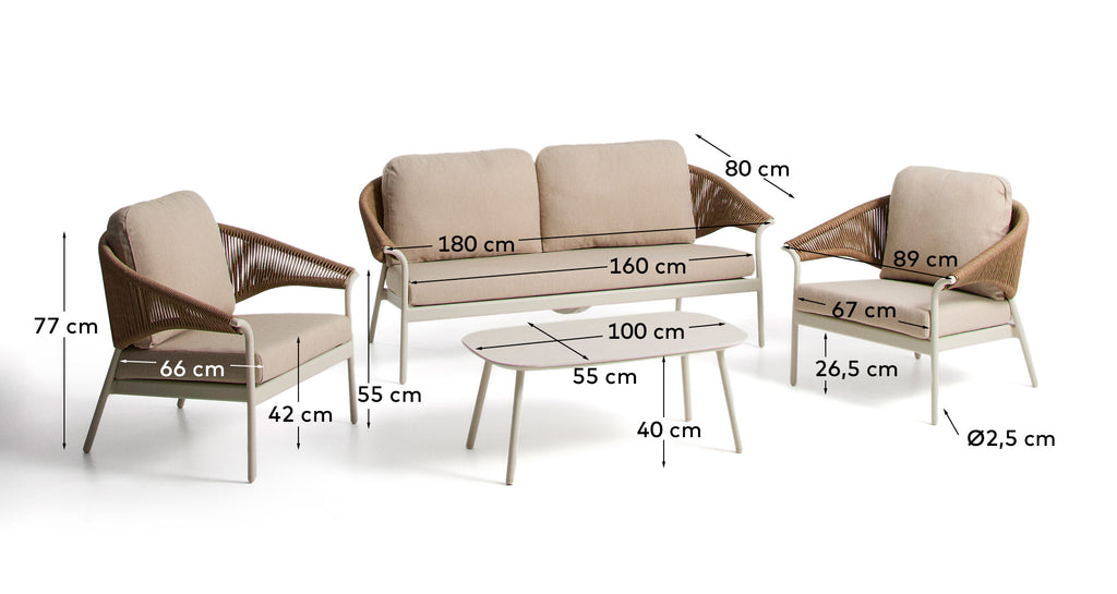 Zuara set with 3-seater sofa, 2 armchairs and outdoor table in ecru aluminium and brown synthetic rope cord
