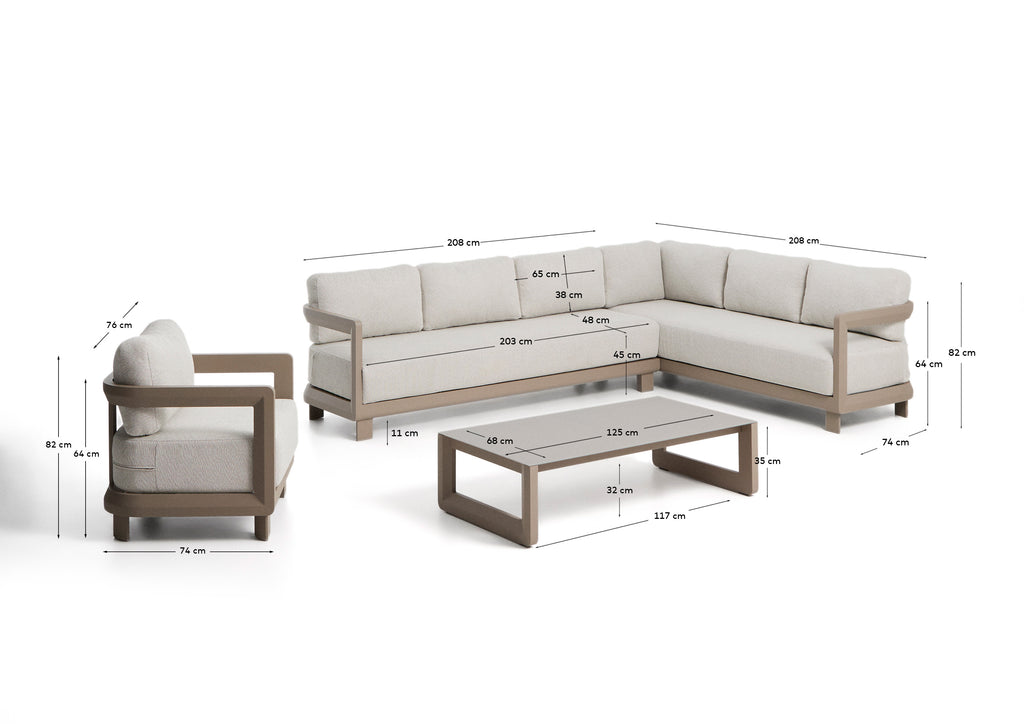 Nerano set with 5-seater corner sofa, armchair and coffee table in tempered glass and taupe aluminium