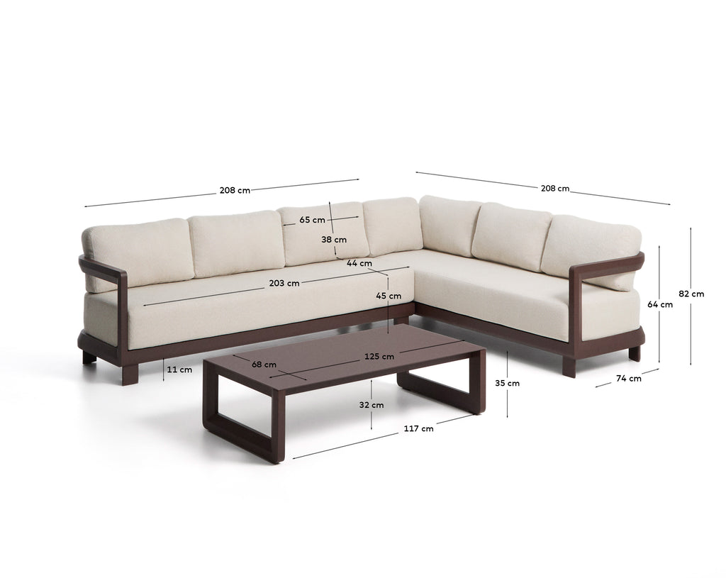 Nerano set with 5-seater corner sofa and coffee table in tempered glass and brown aluminium
