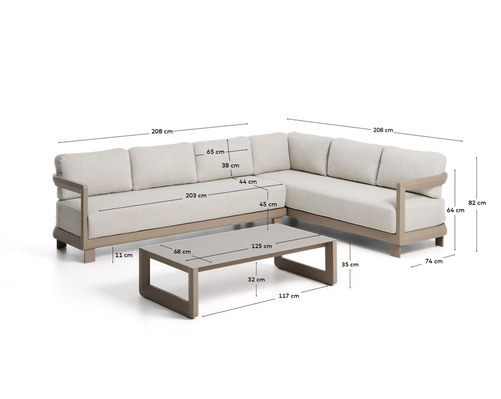 Nerano set with 5-seater corner sofa and coffee table in tempered glass and taupe aluminium
