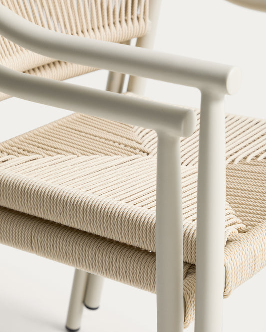 Set with Brela aluminium extendable table and 6 Livadia stackable chairs in ecru aluminium and synthetic rope cord 205(287) x 100cm