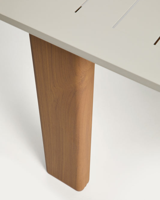 Set Livorno extendable table beige aluminium with wood-effect legs and 6 Linosa stackable chairs ecru aluminium with beige cushion 233(350)x100 cm