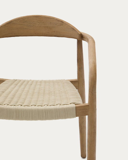 Aiguablava table set in beige concrete with 4 Nina chairs in solid acacia wood and ecru rope cord FSC 100% Ø 120cm