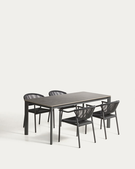 Anafi table set in sintered stone and graphite aluminium with 4 Livadia chairs in graphite aluminium 180 x 90cm