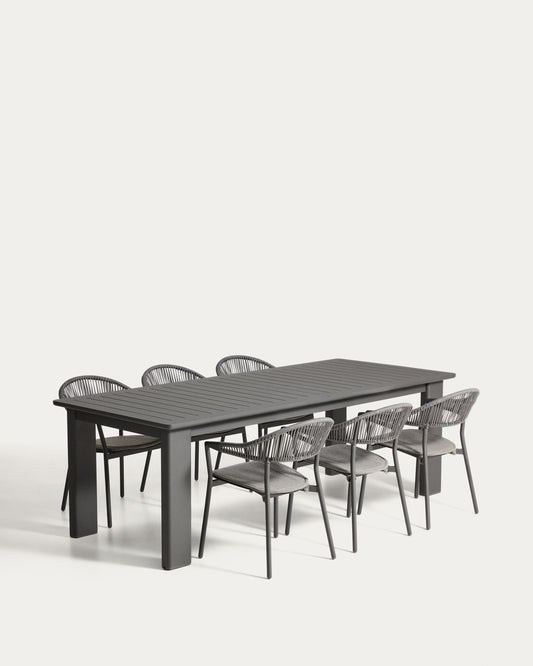 Livorno extendable table set in graphite aluminium with 6 Alimia chairs in graphite aluminium and grey synthetic rope cord 233 (350) x 100cm