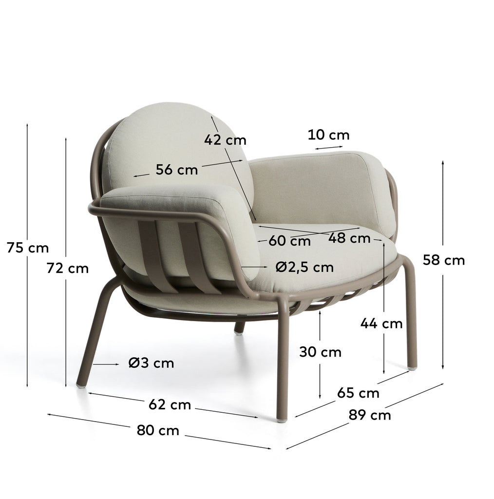Joncols outdoor armchair in aluminium with taupe painted finish and beige cushions