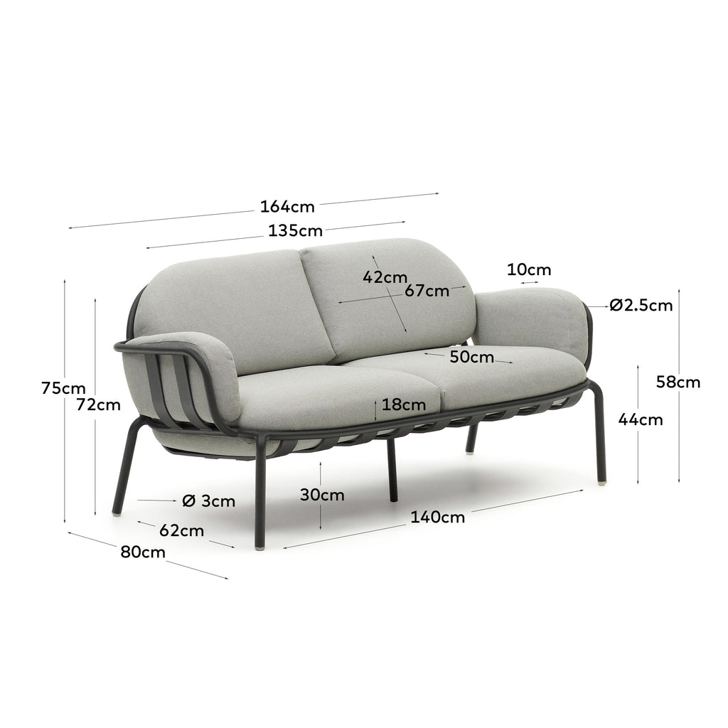 Joncols outdoor 2-seater sofa in aluminium with green painted finish and grey cushions 164cm