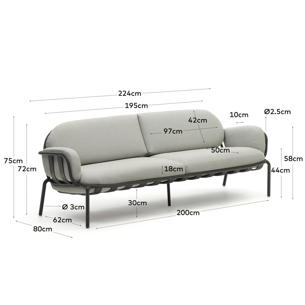 Joncols outdoor 3-seater sofa in aluminium with green painted finish and grey cushions 224cm