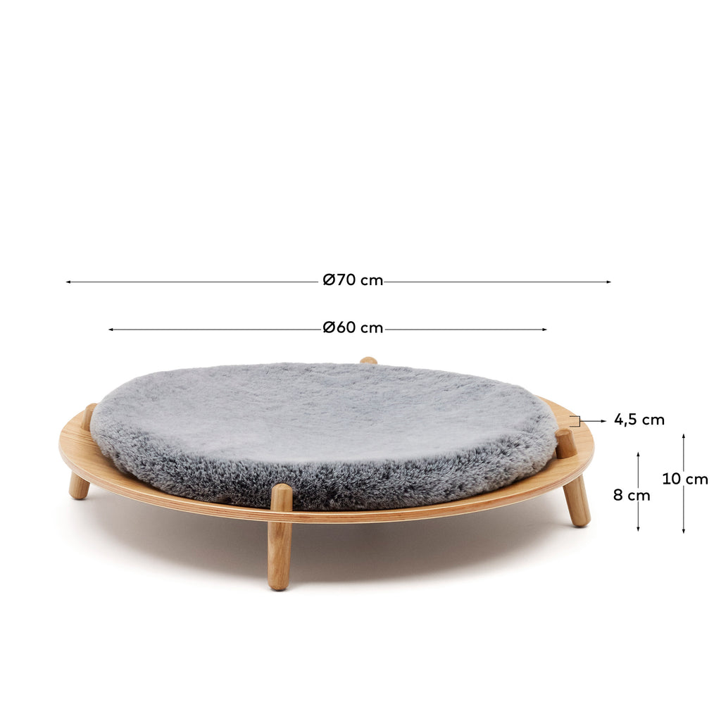 Bunola bed for pets made of ash plywood and cushion in grey fur, Ø 70 cm