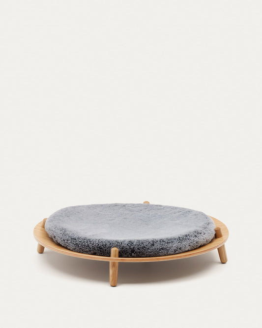 Bunola bed for pets made of ash plywood and cushion in grey fur, Ø 70 cm