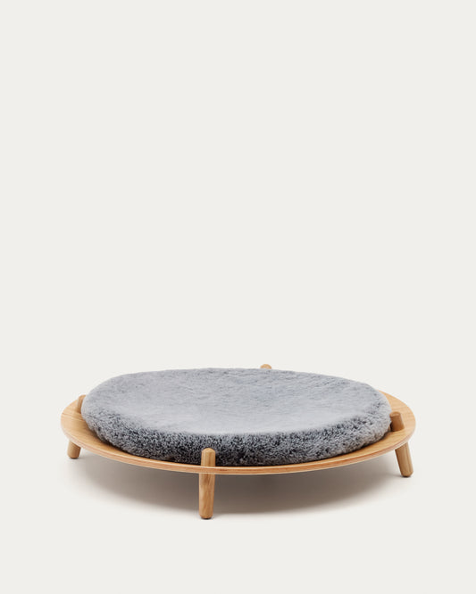 Bunola bed for pets made of ash plywood and cushion in grey fur, Ø 70 cm