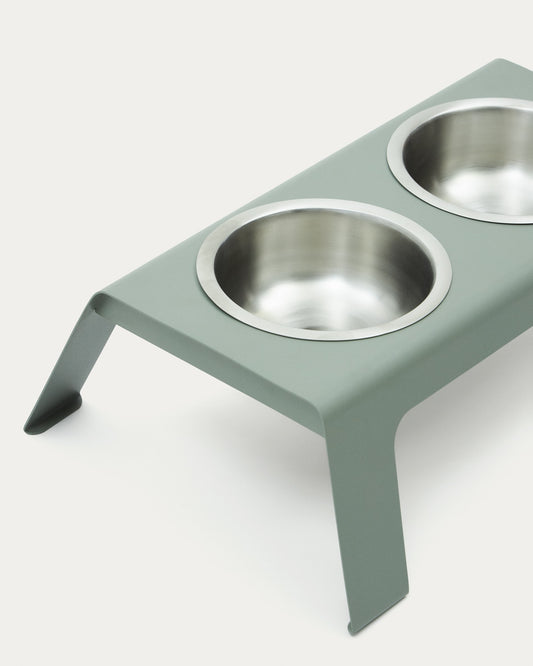 Rocky  food/water bowl for pets with support in green stainless steel, 40 x 25 cm