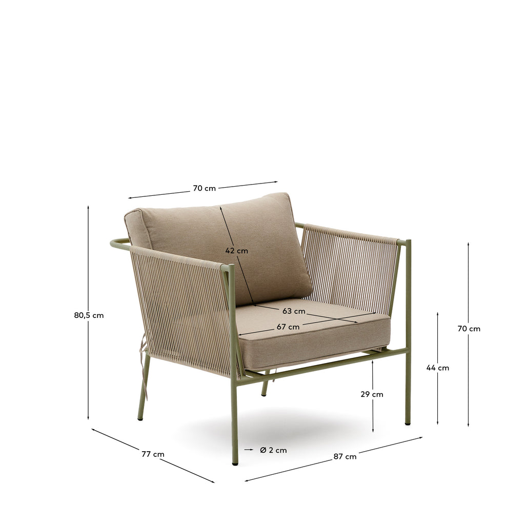Zivia outdoor armchair in ecru rope cord and green galvanised steel