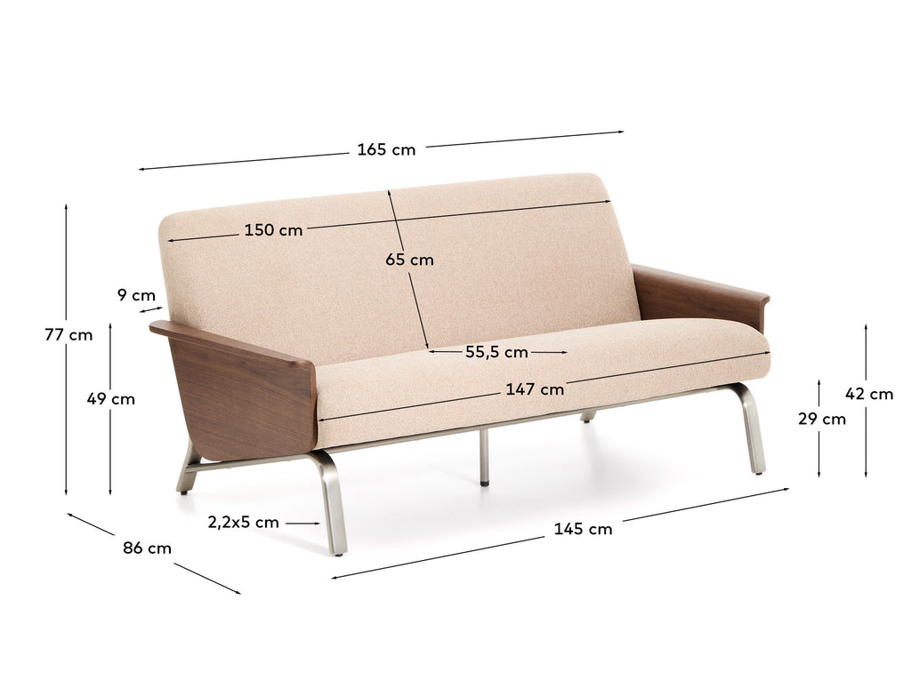 Amsen light brown 2-seater sofa in walnut plywood with brushed stainless steel legs 165cm