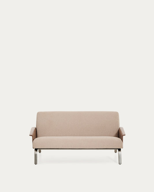 Amsen light brown 2-seater sofa in walnut plywood with brushed stainless steel legs 165cm