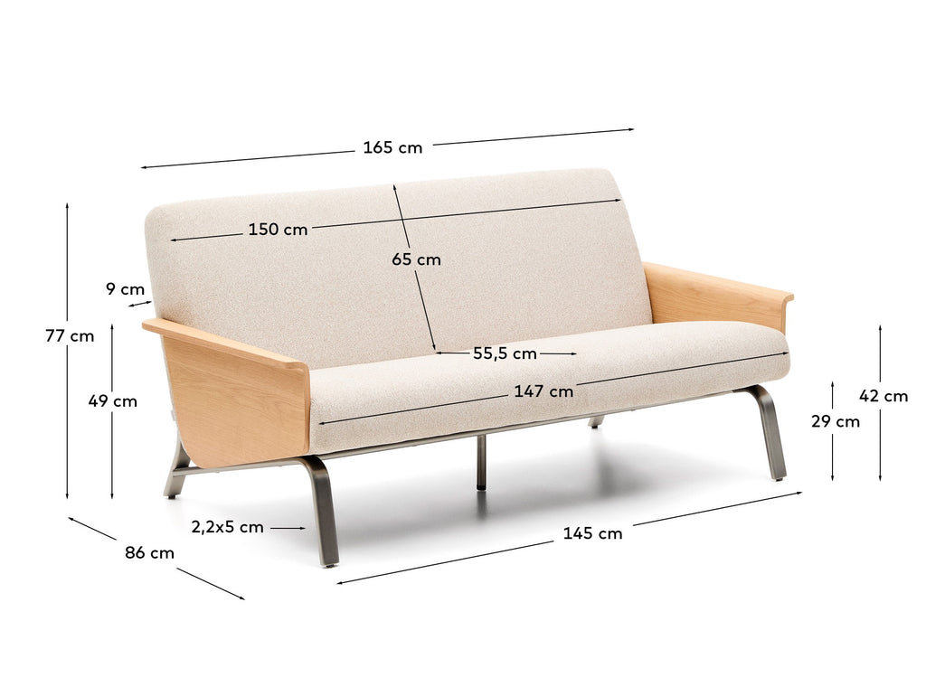 Amsen beige 2-seater sofa in oak plywood with brushed stainless steel legs 165cm