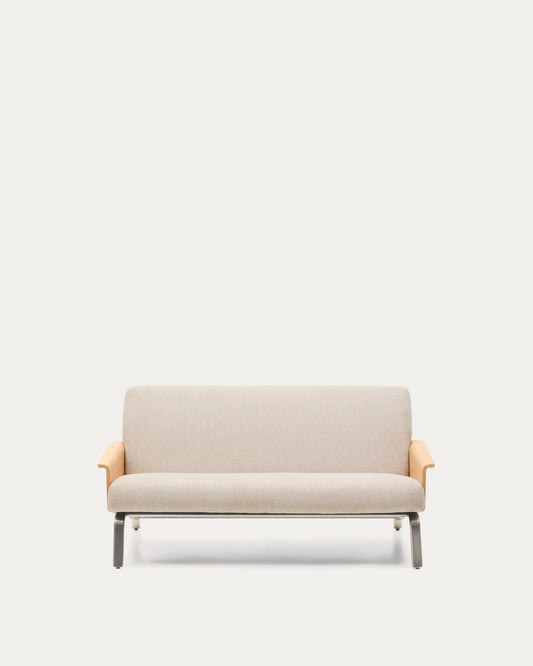 Amsen beige 2-seater sofa in oak plywood with brushed stainless steel legs 165cm