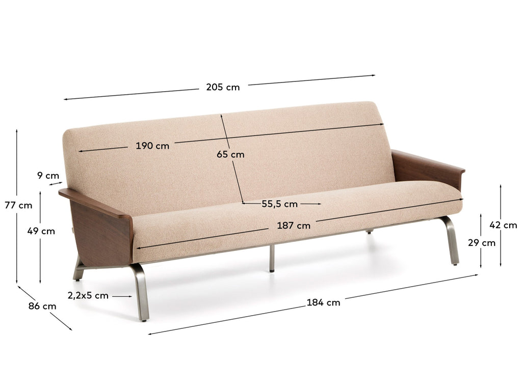Amsen light brown 3-seater sofa in walnut plywood with brushed stainless steel legs 205cm