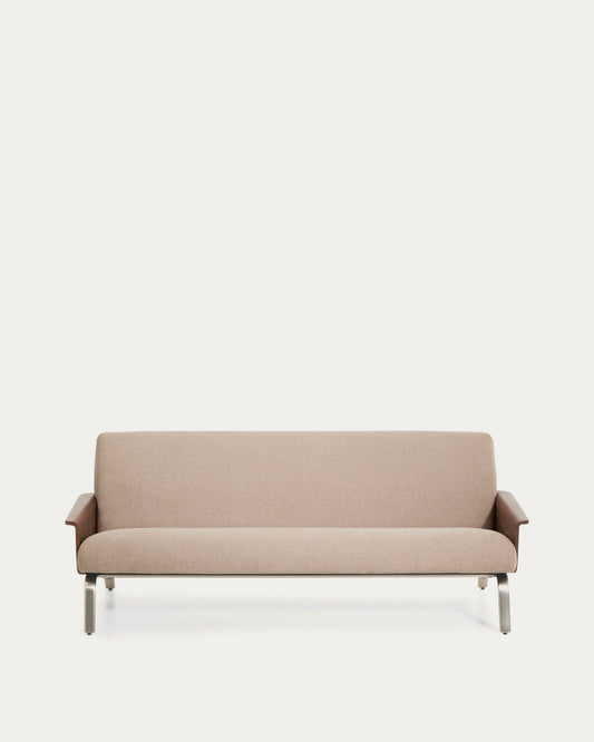 Amsen light brown 3-seater sofa in walnut plywood with brushed stainless steel legs 205cm
