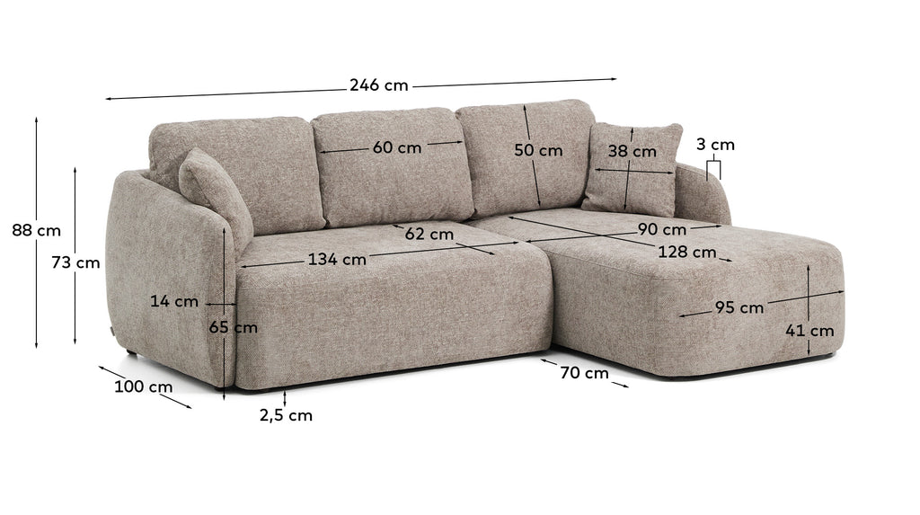 Laira 3-seater sofa bed with right chaise longue in taupe chenille 246cm FSC Mix Credit
