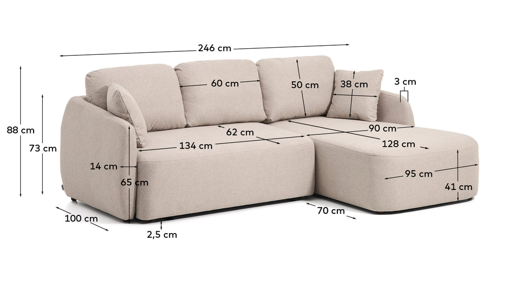 Laira 3-seater sofa bed with right chaise longue in beige chenille 246cm FSC Mix Credit