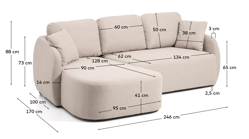 Laira 3-seater sofa bed with left chaise longue in beige chenille 246cm FSC Mix Credit