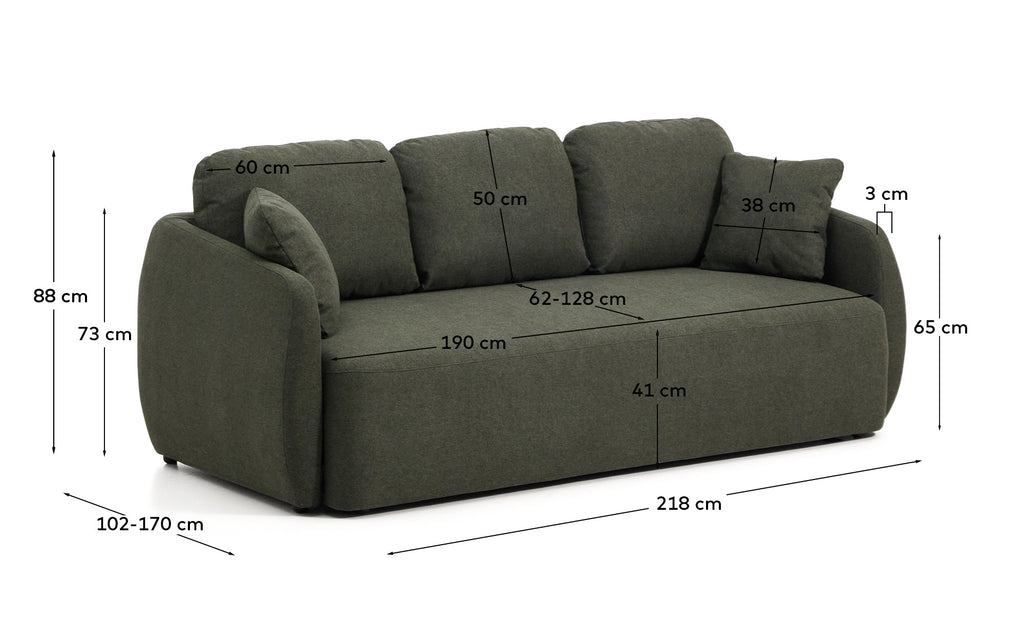 Laira 3-seater sofa bed in dark green chenille 218cm FSC Mix Credit