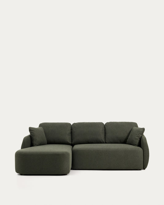 Laira 3-seater sofa bed with left chaise longue in dark green chenille 246cm FSC Mix Credit