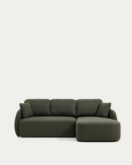 Laira 3-seater sofa bed with right chaise longue in dark green chenille 246cm FSC Mix Credit