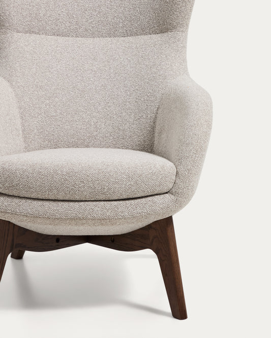 Adiran armchair in beige thick chenille with solid oak wood legs with a walnut finish