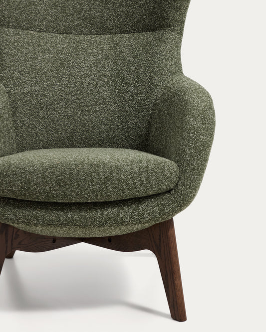 Adiran armchair in moss green thick chenille with solid oak wood legs with a walnut finish