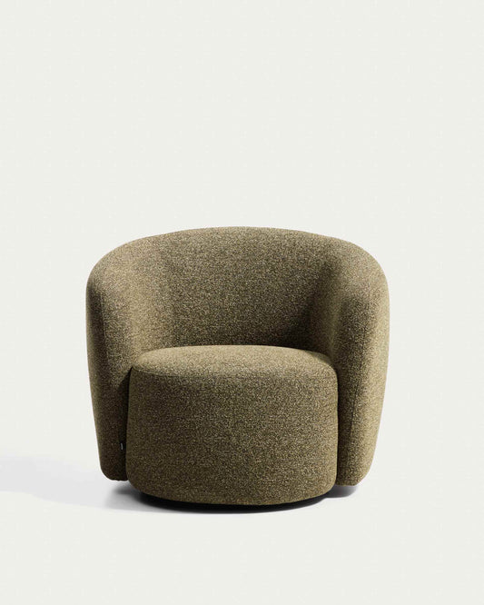 Odenia swivel armchair in olive green micro bouclé