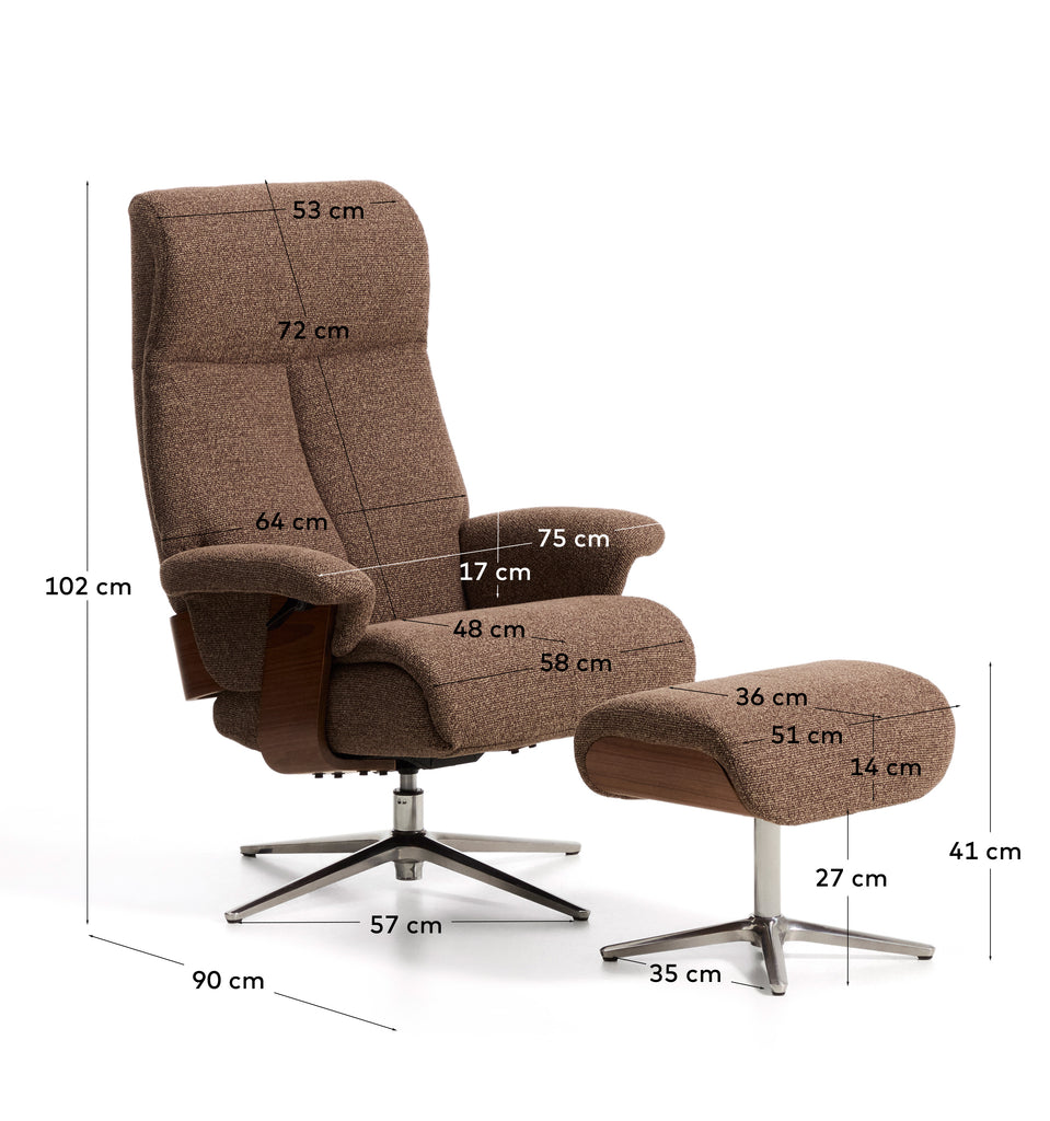 Toriel chocolate brown micro bouclé reclining swivel armchair with footrest and aluminium legs FSC Mix Credit