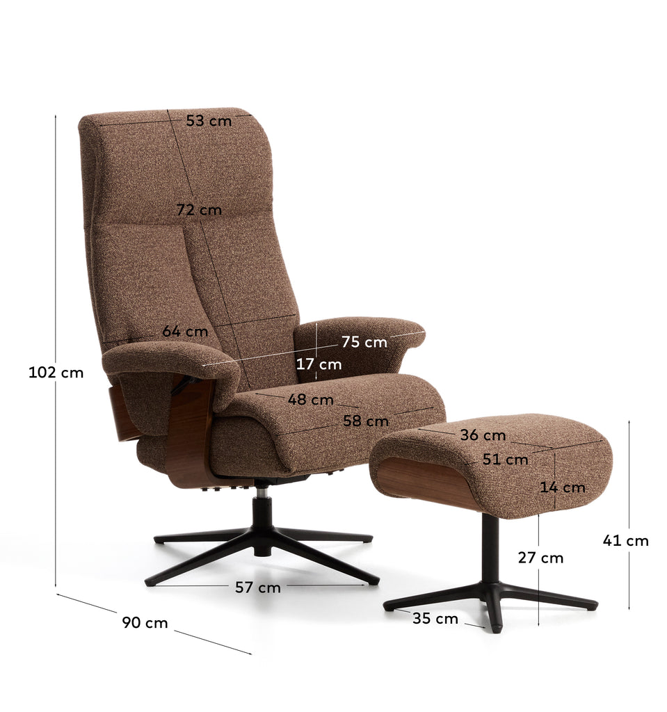 Toriel chocolate brown micro bouclé reclining swivel armchair with footrest and black-finish aluminium legs FSC 100%