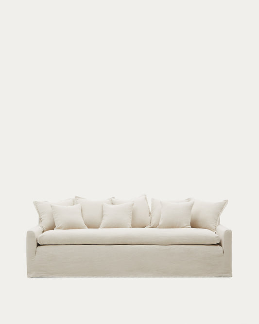 Zenira sofa with removable cover and beige cotton and linen cushions, 230 cm