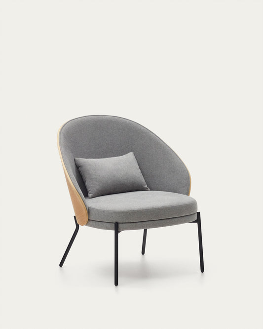 Eamy light grey armchair in an ash wood veneer with a natural finish and black metal