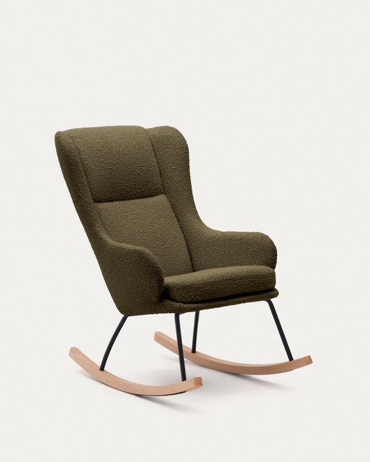 Maustin rocking chair in green bouclé with a dark green steel structure and beech wood