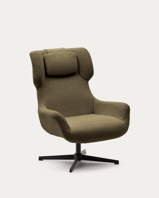 Zalina swivel armchair in dark green bouclé and steel with black finish