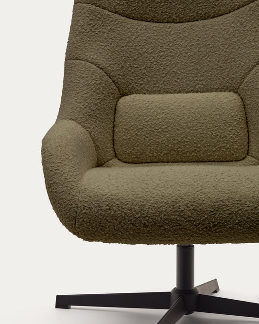 Celida swivel armchair in dark green bouclé and steel with black finish FSC 100%