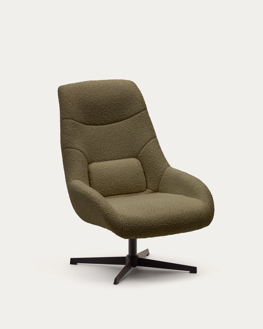 Celida swivel armchair in dark green bouclé and steel with black finish FSC 100%