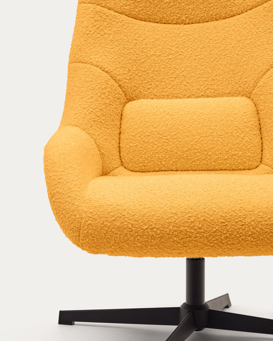 Celida swivel armchair in mustard bouclé and steel with black finish