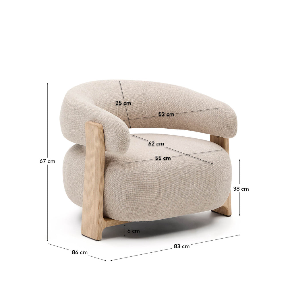 Granite beige chenille armchair with solid ash wood legs in a natural tone finish FSC 100%